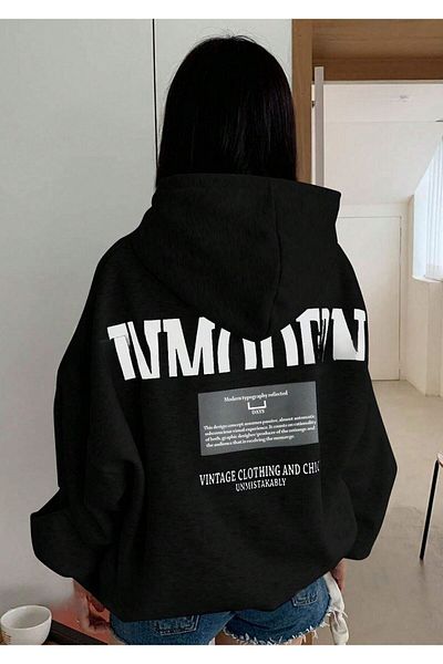 Trendseninle Μαύρο Inmodern Printed Oversize γυναικείο φούτερ με κουκούλα Hoodie