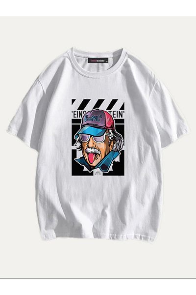 Trendseninle Μπλουζάκι Unisex White Einstein με στάμπα υπερμεγέθη