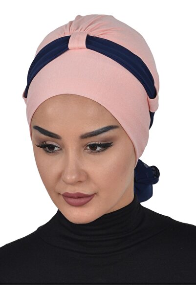 Ayşe Tasarım Chiffon Belted Combed Cotton Bonnet, Powder - Navy Blue, B-24, Powder - Navy Blue
