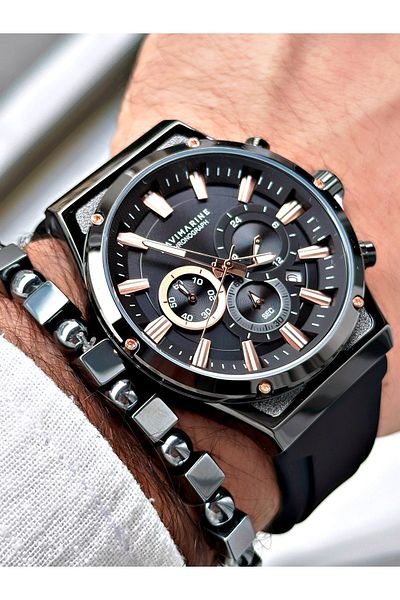 Navimarine Men's Wristwatch and Bracelet with Gift - Black Silicone Cord Steel Case