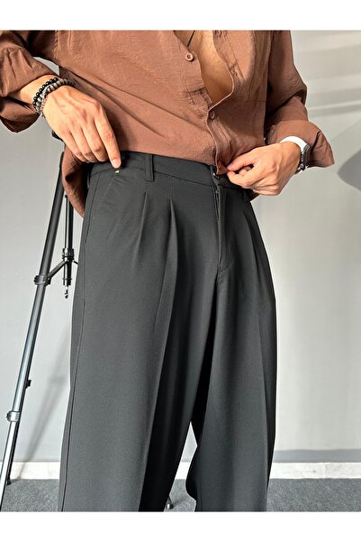 THEMANN Baggy Kalıp Pileli Boru Paçalı Siyah Pantolon