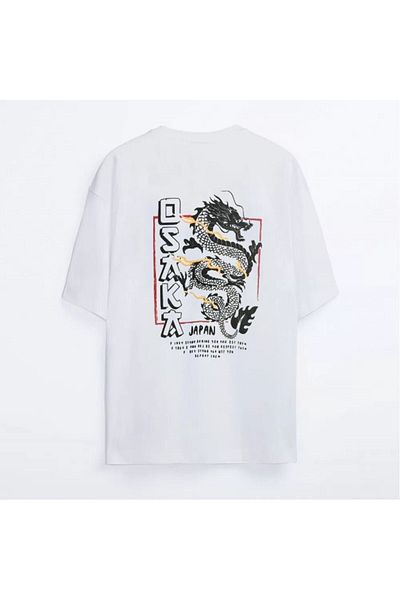 Trendseninle Μπλουζάκι Unisex Λευκό Oversize T-shirt Osaka με στάμπα