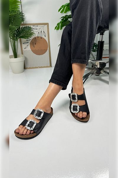 Nstil Black Women's Stone Buckle Slippers