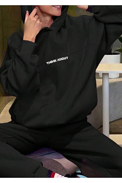 Trendseninle Μαύρη γυναικεία αθλητική φόρμα "I Don't Care" με στάμπα - Hoodie