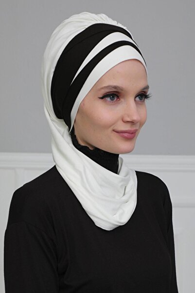 Aisha's Design Διπλό χρωματιστό χτενισμένο βαμβακερό τουρμπάνι, ht-80, κρεμ - μαύρο, ht-80, κρεμ - μαύρο