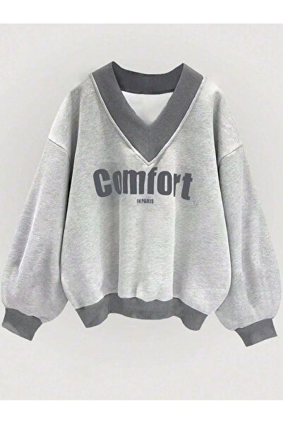 Trendseninle Kadın LightGri Comfort In Paris Baskılı V Yaka Oversize Sweatshirt