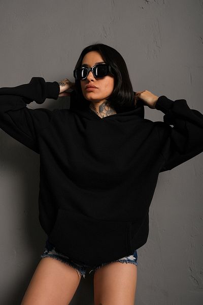 Trendseninle Women's Black Oversize Hooded Sweatshirt 000