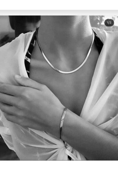 Royal Accessory Kadın Gümüş Kaplama Italyan Yassı Zincir Çelik Kolye Ve Bileklik Seti