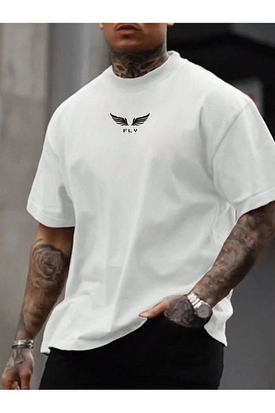 Trendseninle Ανδρικό μπλουζάκι με στάμπα Flys Angels Λευκό Oversize