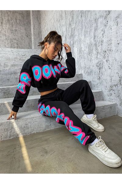 Trendseninle Γυναικείο σετ φόρμας με 3 νήματα μαύρο Brooklyn με στάμπα Oversize Bottom Top Crop