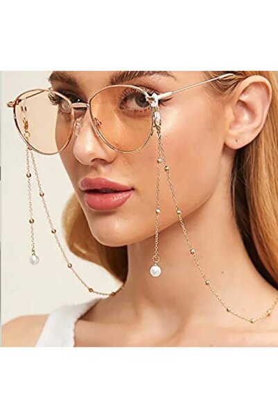 MADAM BERRA Gold Renk Incili Kadın Güneş Gözlüğü Zinciri Gözlük Ipi Askısı Ak...