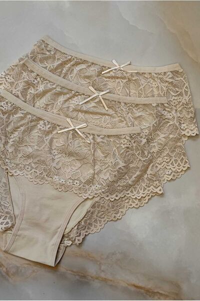 AVESŞENER Ψηλόμεση Δαντέλα Plus Size Χτενισμένο Βαμβακερό Σετ 3 τεμ