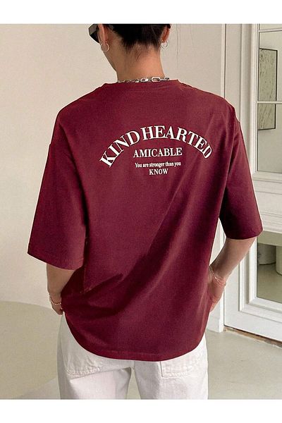 Trendseninle Tricou supradimensionat cu imprimeu Kind Hearted Burgundy de damă