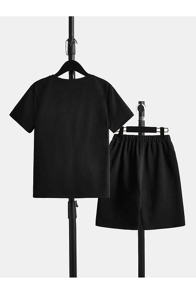 Trendseninle Unisex Black Slim Colored Oversize Shorts Set