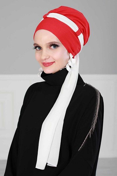 Ayşe Tasarım غطاء رأس من الشيفون الممشط بحزام - أحمر/كريمي، B-24