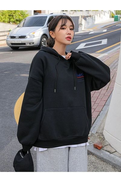Trendseninle Hanorac oversize cu imprimeu pe spate negru pentru femei