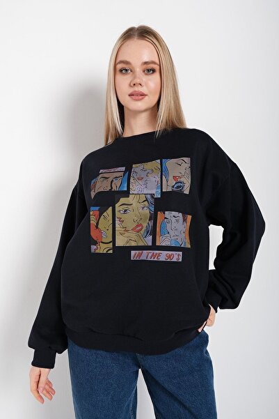 Trendseninle Kadın Siyah Oversize In The 90’s Baskılı Sweatshirt