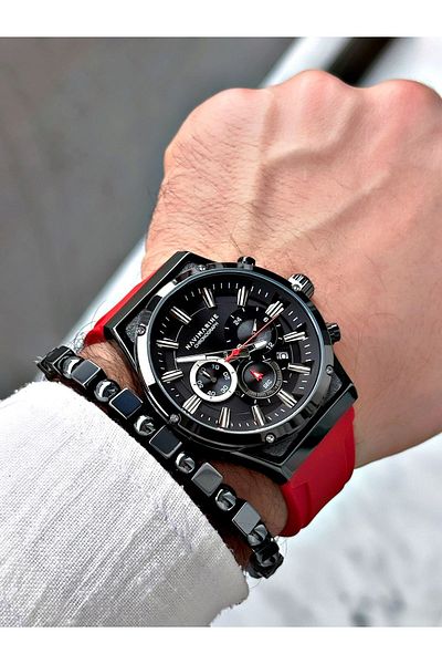 Navimarine Men's Wristwatch and Bracelet with Gift - Red Color, Silicone Cord, Metal Case