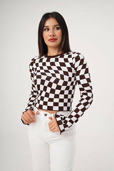 Hipo Trend Bluză tricotată maro cu model de șah colorat