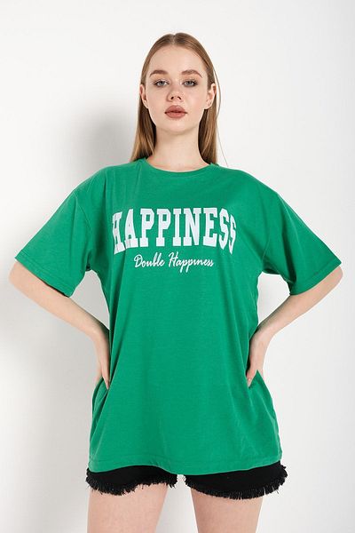 Trendseninle Tricou oversize cu imprimeu Green Happiness pentru damă