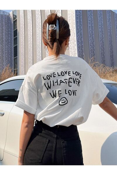 Trendseninle Γυναικείο μπλουζάκι White Love Love Love Printed Oversize