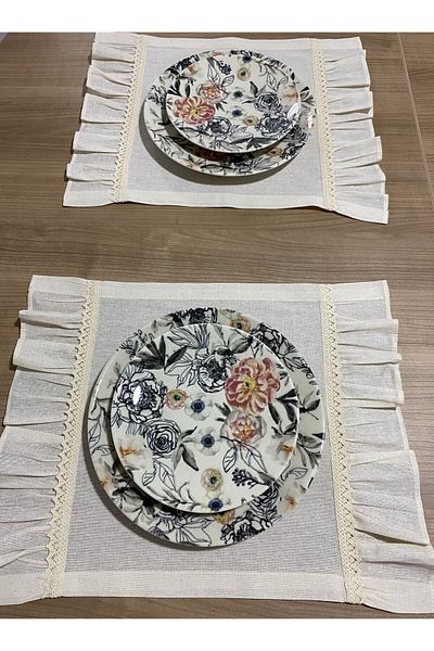 LILYUM 4-Piece Rectangular Plate - 100% Cotton, Raw Linen, Ruffled Lace, American Service, 35X45 cm