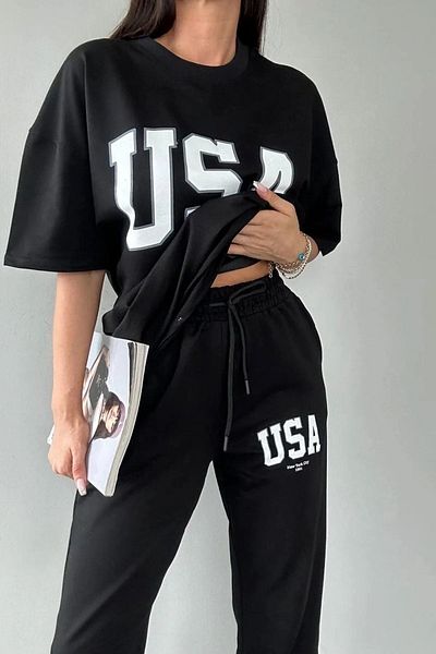 Trendseninle USA αθλητική φόρμα παντελόνι και μπλουζάκι Μαύρο Jogger T-Shirt στο κάτω επάνω μέρος Σετ φόρμας Oversize Crew Neck