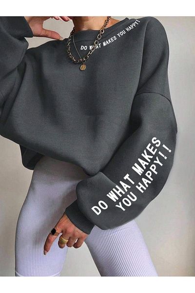 Trendseninle Γυναικείο Smoked Do What Doing Φούτερ με στάμπα Oversize Crew Neck