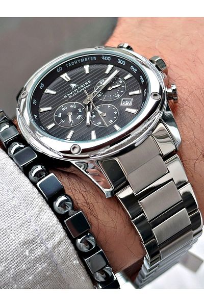 Navimarine Men's Silver Colored Steel Cord Wrist Watch and Bracelet Gift