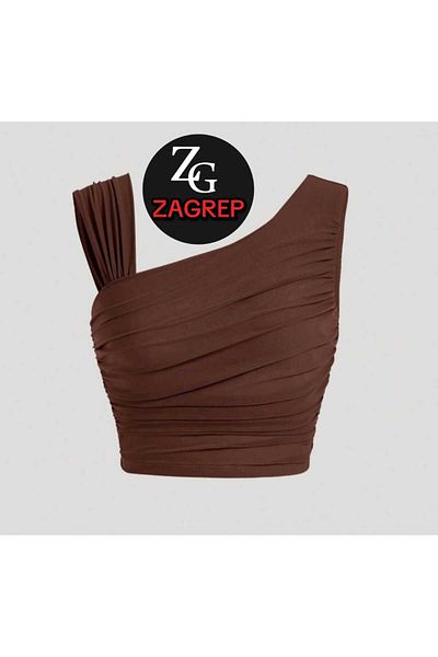 Zagrep Γυναικείο Crop Top σε καφέ χρώμα - Με λεπτομέρεια στους ώμους, ντραπέ, μανίκια με κορδόνια, μη διαφανές μεταξωτό μπλουζάκι