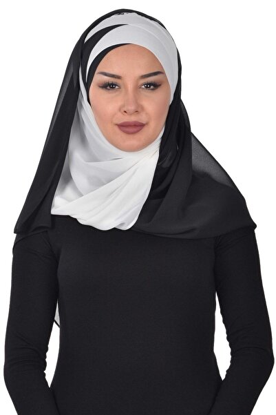 Aisha's Design Cross Stitch Double Color Practical Chiffon Shawl,Cps-84,Black - Off White,Cps-84,Black - Off White