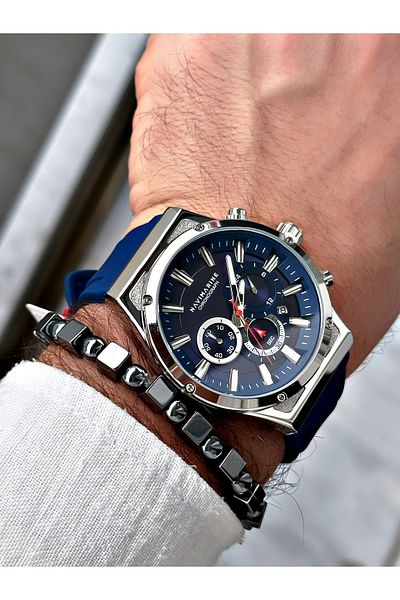 Navimarine Men's Wristwatch and Bracelet with Gift - Blue Silicone Cord Steel Case