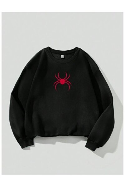 Trendseninle Unisex Siyah Red Spider Baskılı Bisiklet Yaka Sweatshirt
