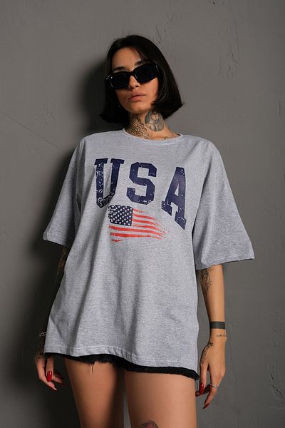 Trendseninle Tricou supradimensionat gri cu steagul SUA