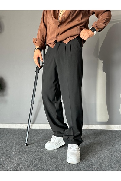 THEMANN Baggy Kalıp Pileli Boru Paçalı Siyah Pantolon