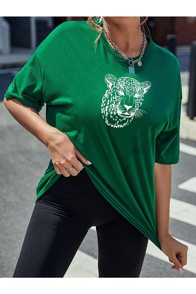 Trendseninle Tricou oversize cu imprimeu cu figuri de leopard verde pentru femei