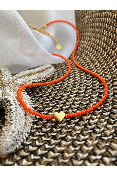 Kosovalı Turuncu Altın Kaplama Kalp Detaylı Zarif Kum Boncuk Kolye