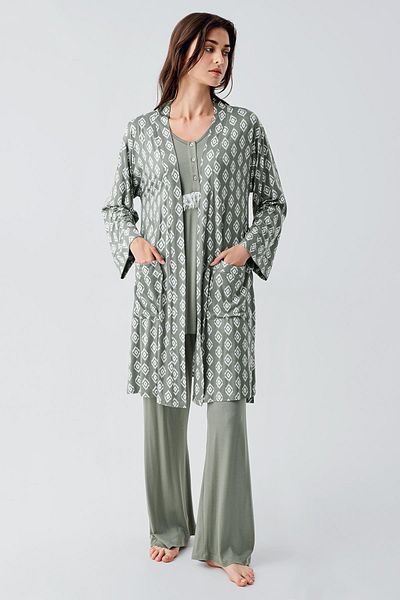 Artış Flexible Viscous Maternity Pajamas Set - Long Sleeve, Lace Pattern, Buttoned Spanish Leg Dressing Gown
