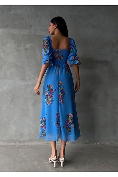 Trendseninle Rochie de damă din șifon albastru - guler pătrat și căptușită