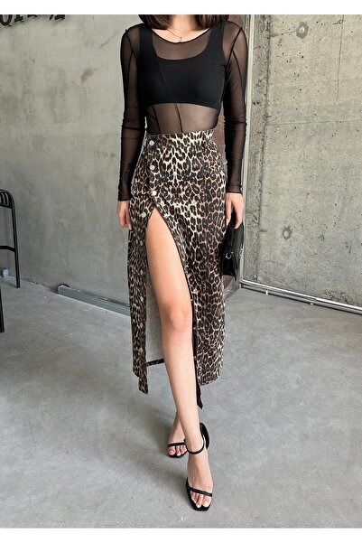 OXEDCO Brown Black Leopard Patterned Lycra Long Denim Skirt - Women