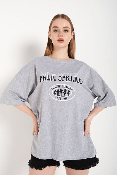 Trendseninle Γυναικείο μπλουζάκι Palm Springs σε γκρι στάμπα oversize
