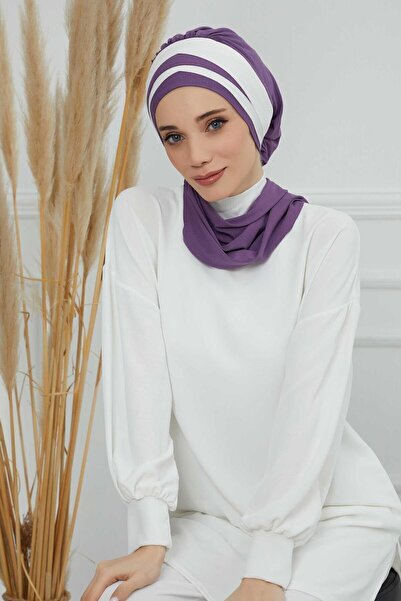 Aisha's Design Двоколірний трикотажний готовий тюрбан, ht-80, фіолетовий 2-кремовий, ht-80, фіолетовий-кремовий