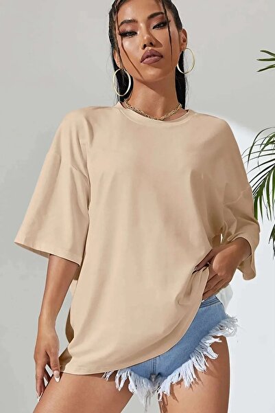 Trendseninle Béžové dámské oversize tričko Love Yourself s potiskem