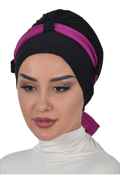 Ayşe Tasarım Chiffon Belted Combed Cotton Bonnet, Black - Fuchsia, B-24, Black - Fuchsia