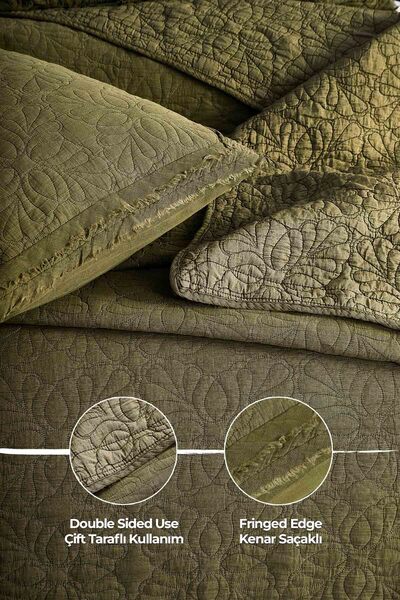 Evlen Home Collection %100 Pamuk Çift Kişilik Pike Takımı Özel Taş Yıkama Yatak Örtüsü Yumuşak Modern Rabio Yeşil