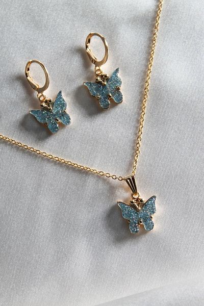 Remini Aksesuar Women's Water Green Sparkling Butterfly Necklace and Earrings