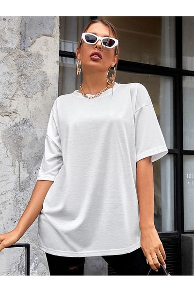Trendseninle Γυναικείο λευκό μπλουζάκι Oversize Bear Back Printed T-shirt