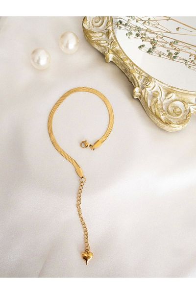 BeuBella Aksesuar Gold Italian Flat Chain Heart Pendant Steel Bracelet