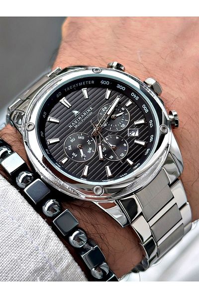 Navimarine Men's Silver Colored Steel Cord Wrist Watch and Bracelet Gift