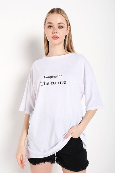 Trendseninle Γυναικείο λευκό μπλουζάκι The Future Printed Oversize